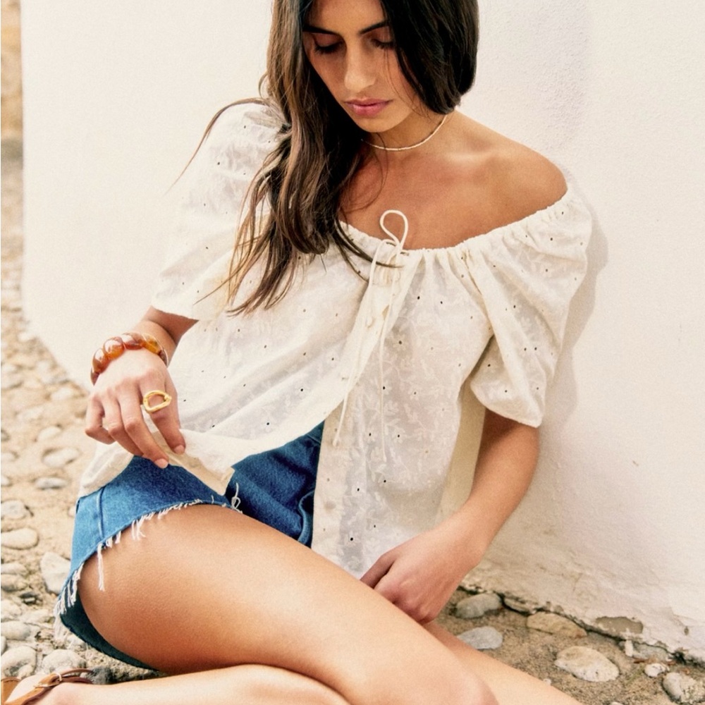 Sezane Ivory Eyelet Off-Shoulder Blouse